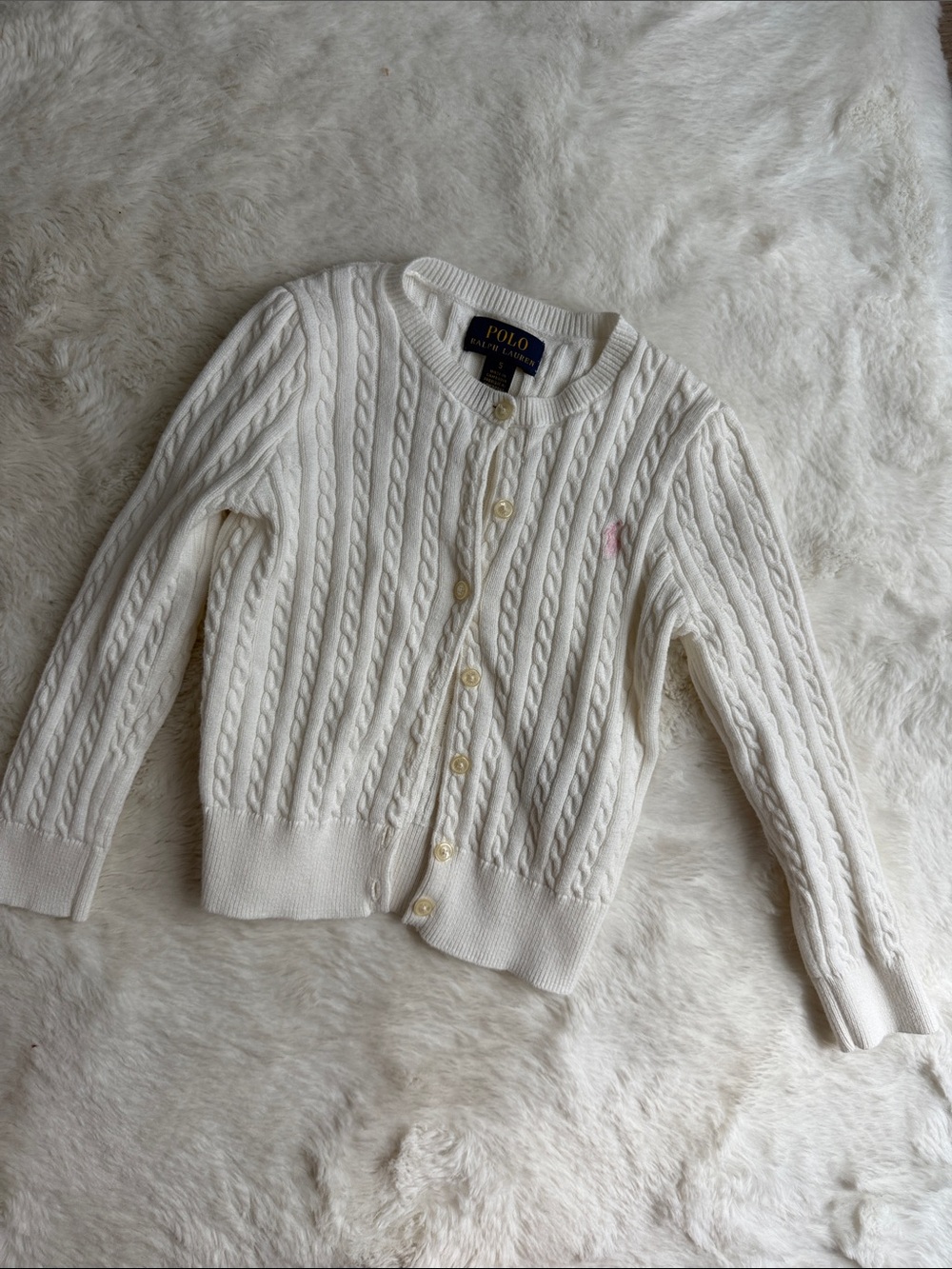 Polo by Ralph Lauren Ivory Cable-Knit Cardigan with Pink Pony